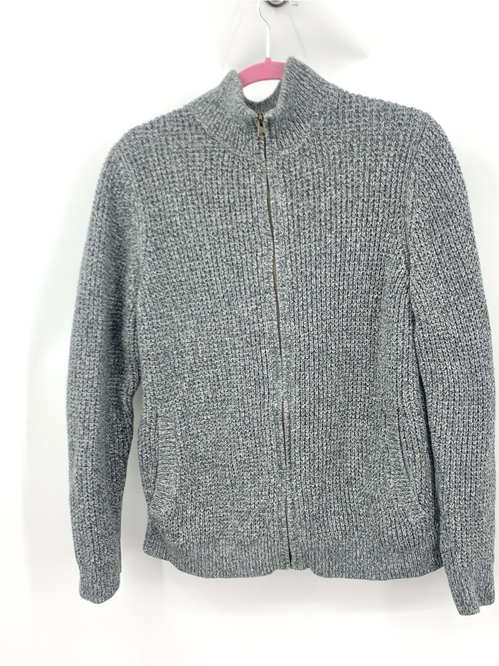 LL Bean Men Size Medium Sweater Gray Organic Cotton Waffle Knit Zip Cardigan Top